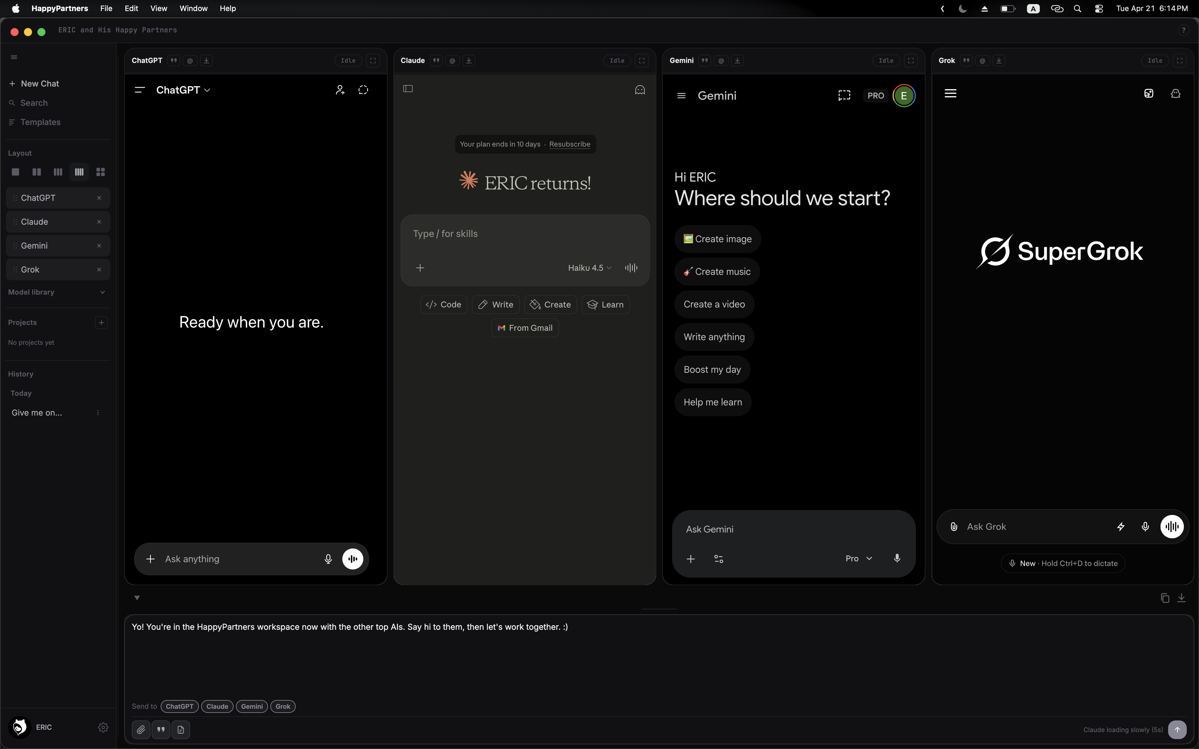 HappyPartners workspace — ChatGPT, Claude, Gemini and Grok side by side
